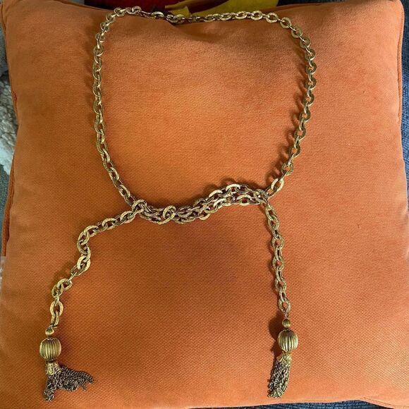 Vintage king gold tone lariat tassel chain necklace chunky thick hanging fashion - Picture 7 of 12